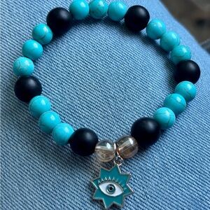 Turquoise and Black Beaded Bracelet with Eye Pendant